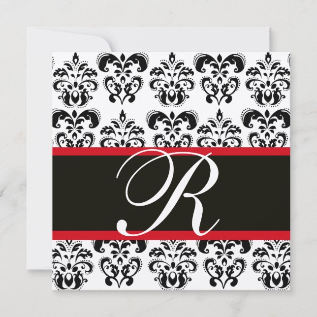 CHAMPAGNE & SVART RÖD DAMASK-MONOGRAM, vit Inbjudningar (Framsida)