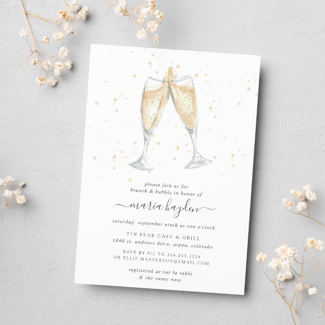 Champagne Toast | Brunch & Bubly-Möhippa Inbjudningar (Professionally printed, elegant champagne themed bridal shower brunch invitations)