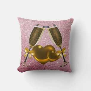 Champagne Toast Dubbla Hearts Rosa Faux Glitter Kudde