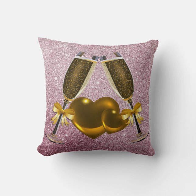 Champagne Toast Dubbla Hearts Rosa Faux Glitter Kudde (Framsida)