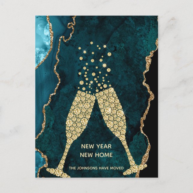 Champagne Toast New Home Teal Guld Helg Vykort (Framsida)