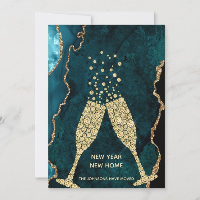 Champagne Toast New Home Teal Guld Julkort (Framsida)