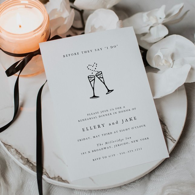 Champagne Toast Rehearsal Dinner Inbjudningar (Minimalist champagne rehearsal dinner invitations)