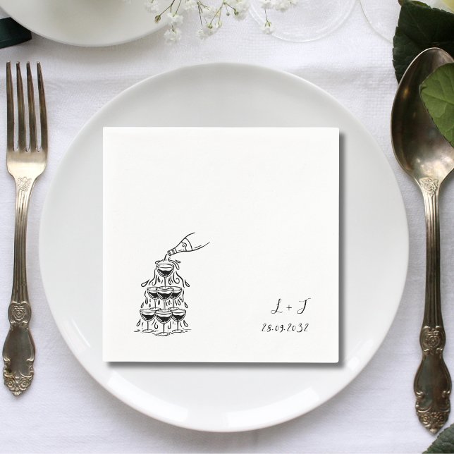 Champagne torn Anpassad monogram bröllopsdrink Pappersservett (Champagne tower monogram napkins add a personalized, luxe touch to wedding cocktails.)