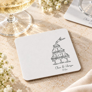 Champagne Tower Doodle Bröllop Skriptnamn Underlägg Papper Kvadrat