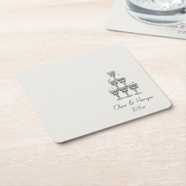 Champagne Tower Doodle Custom Name Wedding Underlägg Papper Kvadrat (Vinklad)
