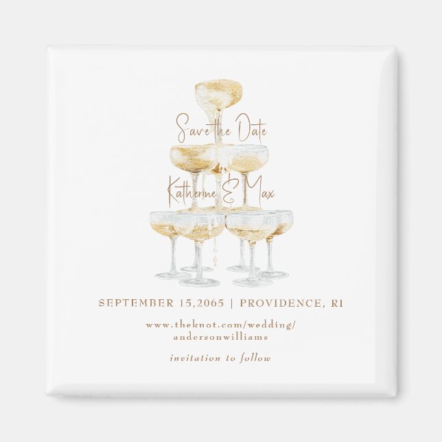 Champagne Tower Guld Text Bröllop Save the Date Magnet (Framsidan)