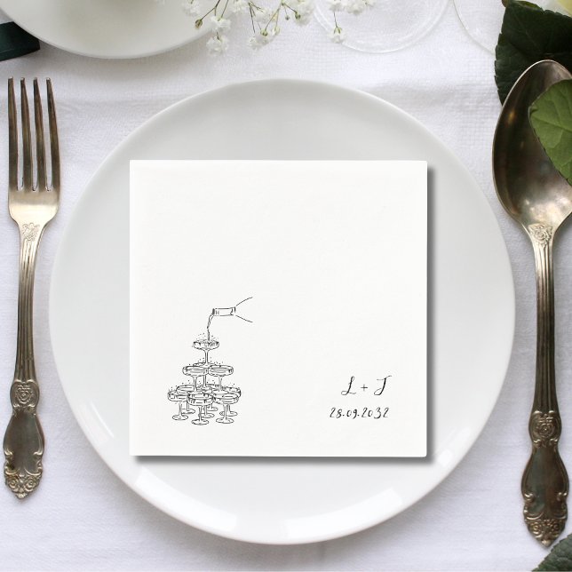 Champagne Tower Monogram Anpassad Bröllopscocktail Pappersservett (Champagne tower monogram cocktail napkins add celebratory elegance to your wedding bar)