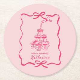 Champagne Tower Pink Hand Drawn Doodles Birthday Underlägg Papper Rund