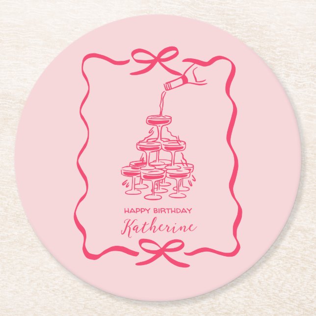Champagne Tower Pink Hand Drawn Doodles Birthday  Underlägg Papper Rund (Framsidan)