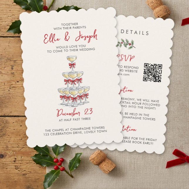 Champagne Tower QR Code RSVP Allt-i-ett Bröllop Inbjudningar (All in One QR Wedding Invite from the Whimsical Champagne Tower Holiday Wedding Set by Darling & May)