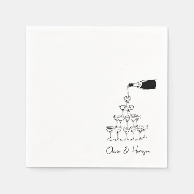 Champagne Tower Sketch Anpassat Namn Bröllop Pappersservett (Framsidan)