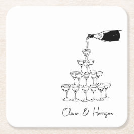Champagne Tower Sketch Anpassat Namn Bröllop Underlägg Papper Kvadrat