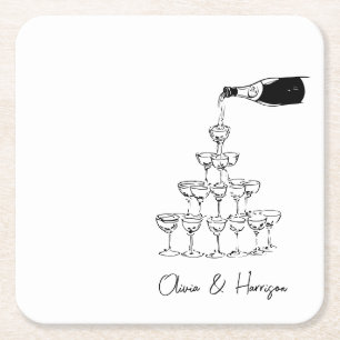 Champagne Tower Sketch Anpassat Namn Bröllop Underlägg Papper Kvadrat