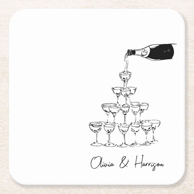 Champagne Tower Sketch Anpassat Namn Bröllop Underlägg Papper Kvadrat (Framsidan)