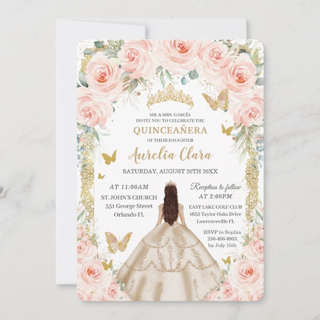 Champagne Vintage Guld  Blommigt Quinceañera Inbjudningar (Framsida)