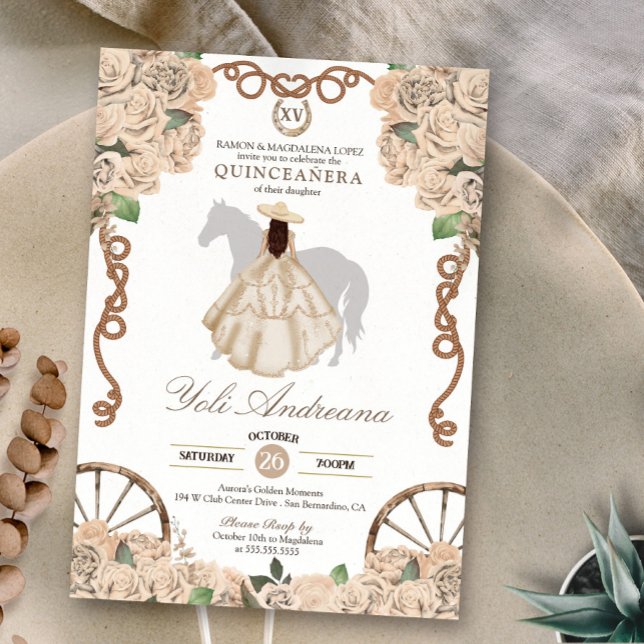 Champagne Vit ros Cream Charro Quinceanera Inbjudningar (Skapare uppladdad)