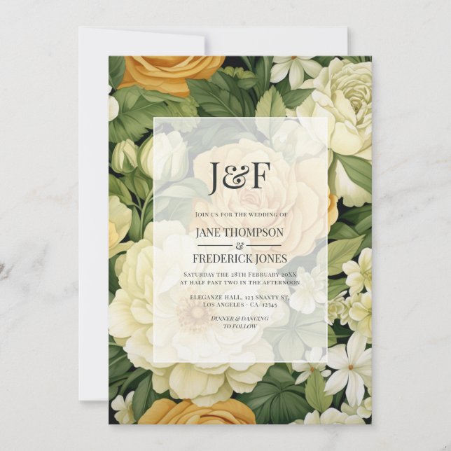 Champagne, Vita och Grönska Blommig Bröllopsinbjud Inbjudningar (Framsida)