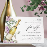 Champagne Watercolor | Roligt Elegant 40:e födelse Inbjudningar<br><div class="desc">Söt 40-årsinbjudningar med en vattenfärgad illustration av en champagne flaska omgiven av lila blommor. Stor "fyrtio" text skrivs i skript,  för en inbjudan roligt-but-elegant,  med en samordnande blek grönt färg på motsatt sida.</div>
