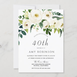 Champagne White Blommigt Elegant 40:e födelsedagen Inbjudningar