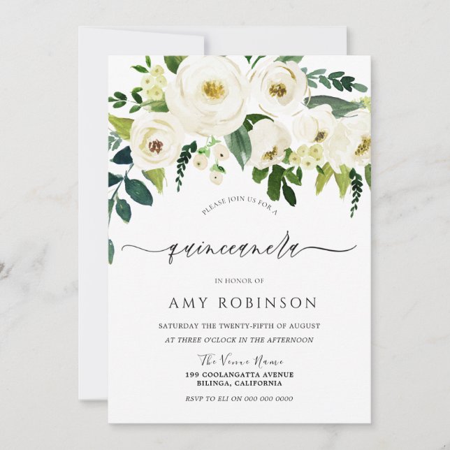 Champagne White Flowers Elegant Quinceanera Party Inbjudningar (Framsida)
