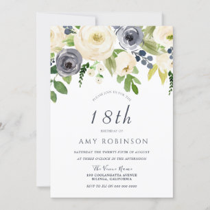 Champagne White & Navy Blommigt 18:e Födelsedagsfe Inbjudningar