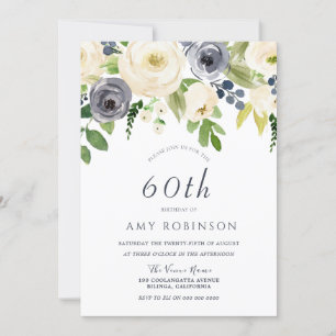 Champagne White & Navy Blommigt 60:e Födelsedagsfe Inbjudningar