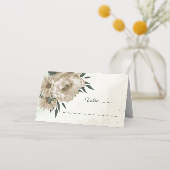Champagneblommor, greenery botanical bröllop placeringskort (Framsida)