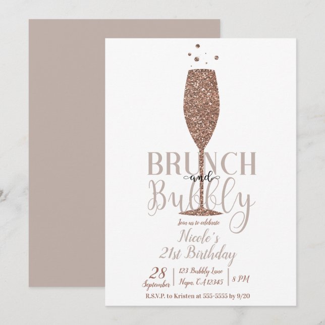 Champagnebrunch & Bubbly Rose Gold Födelsedagsfest Inbjudningar (Fram/baksida)