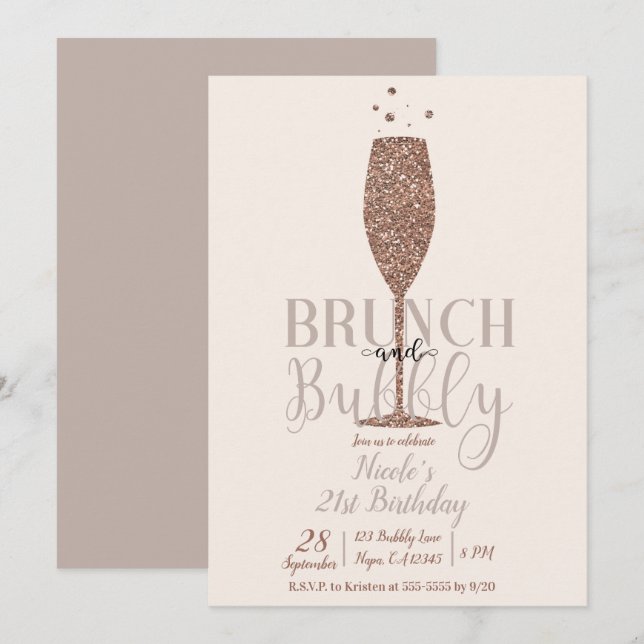 Champagnebrunch & Bubbly Rose Gold Födelsedagsfest Inbjudningar (Fram/baksida)