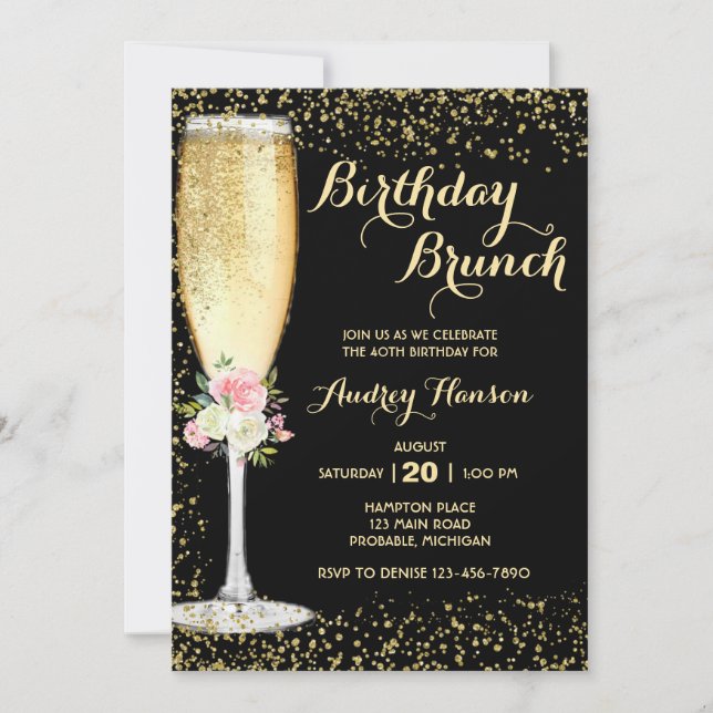Champagnebrunch för vuxna födelsedag inbjudningar (Framsida)