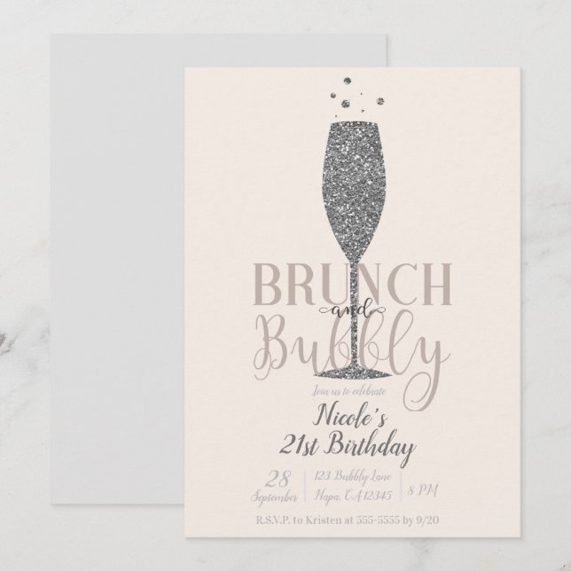 Champagnebrunch & Glittrande Silver Födelsedag Inbjudningar (Fram/baksida)