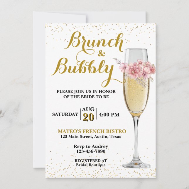 Champagnebrunch och bubbelbröllopsfest inbjudningar (Framsida)