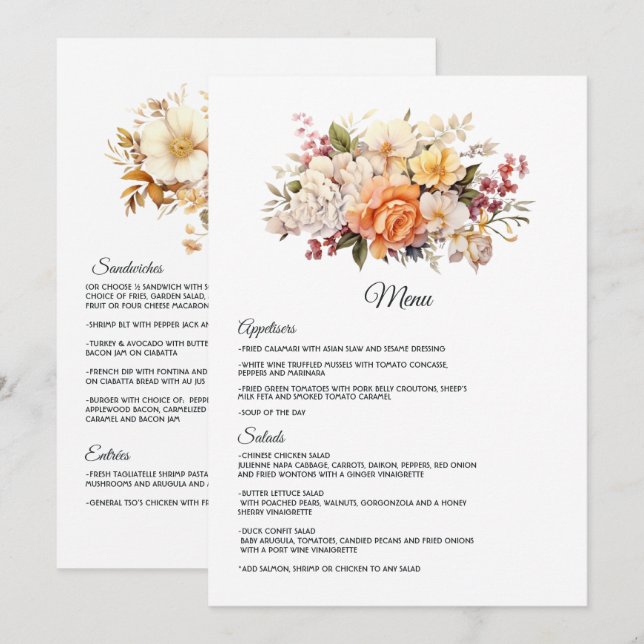 Champagnefärgat blombröllop meny (Fram/baksida)