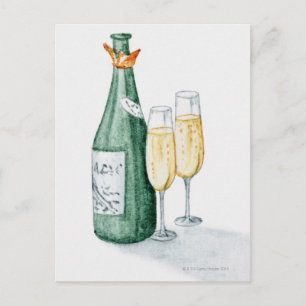 Champagneflaskor och två exponeringsglas vykort