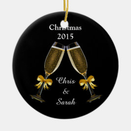 Champagneflöjter på svart julgransprydnad keramik