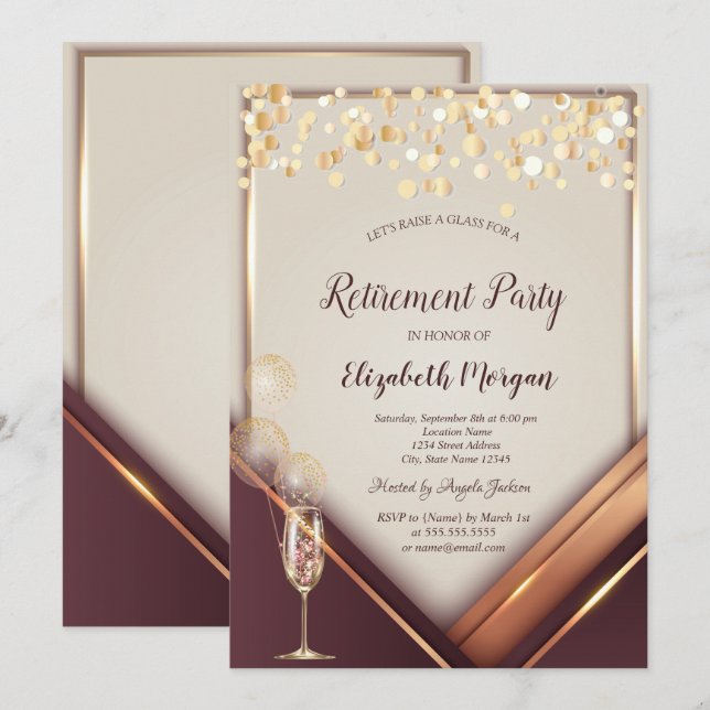 Champagneglas ballonger guld ram pensionering  inbjudningar (Fram/baksida)