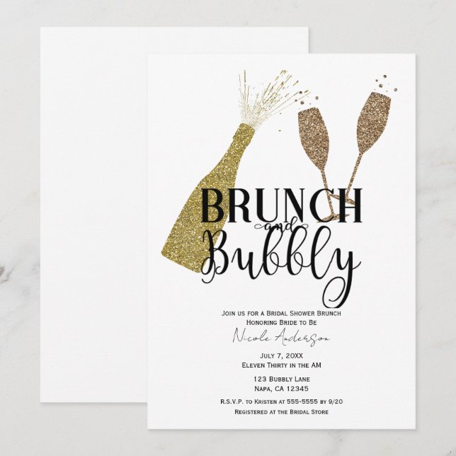 Champagneglas Brunch & Bubbly Bröllopsdusch Inbjudningar (Fram/baksida)