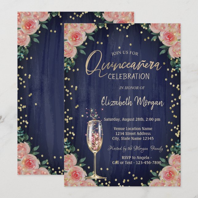 Champagneglas Diamanter Blommor Quinceañera Inbjudningar (Fram/baksida)