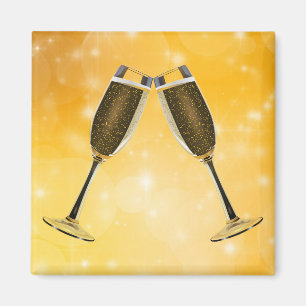 Champagneglas firande på gnistrande guld magnet