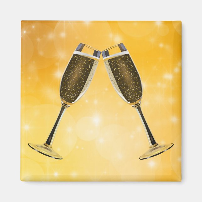 Champagneglas firande på gnistrande guld magnet (Framsidan)