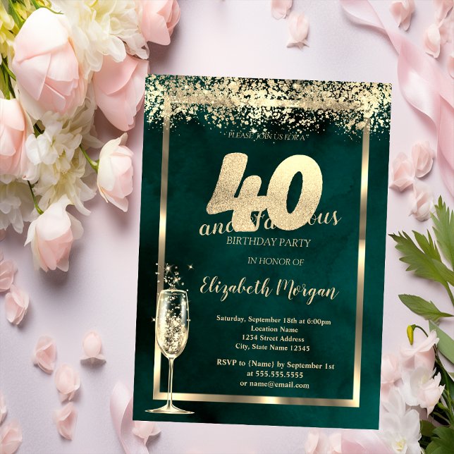 Champagneglas Guld Konfetti Grön 40-års Födelsedag Inbjudningar (Skapare uppladdad)