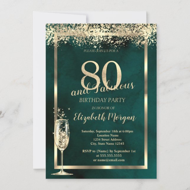 Champagneglas Guld Konfetti Grön 80-års Födelsedag Inbjudningar (Framsida)