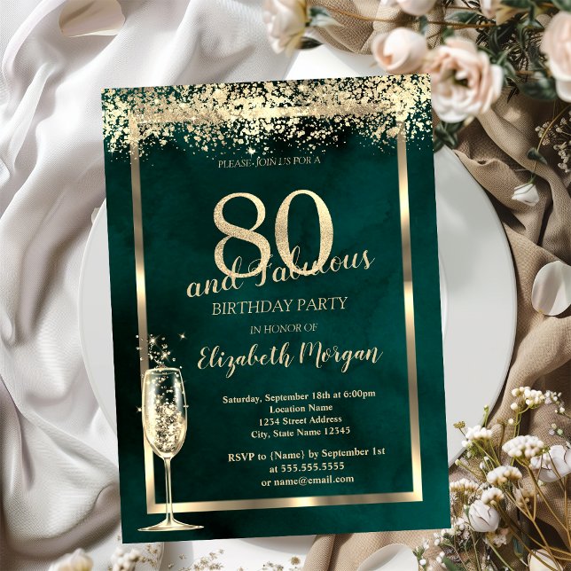Champagneglas Guld Konfetti Grön 80-års Födelsedag Inbjudningar (Skapare uppladdad)