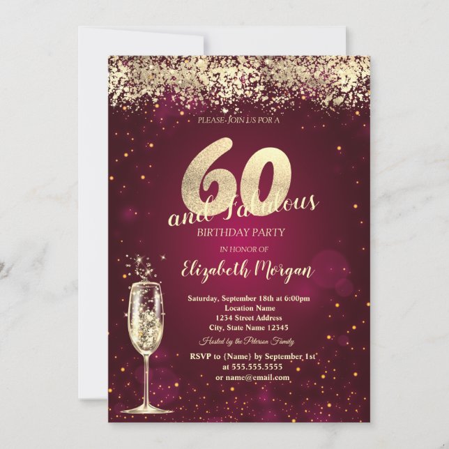 Champagneglas Guld Konfetti Rött 60-årsfirande Inbjudningar (Framsida)
