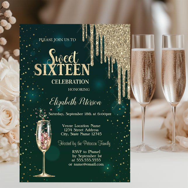 Champagneglas, Guldglitterdroppar, Stjärnor Sweet  Inbjudningar (Skapare uppladdad)