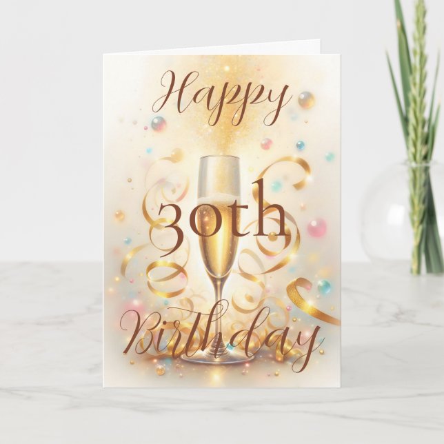 Champagneglas med gyllene serpentiner Födelsedag Kort (Framsida)