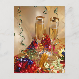 Champagneglas, serpentiner och bullraren vykort