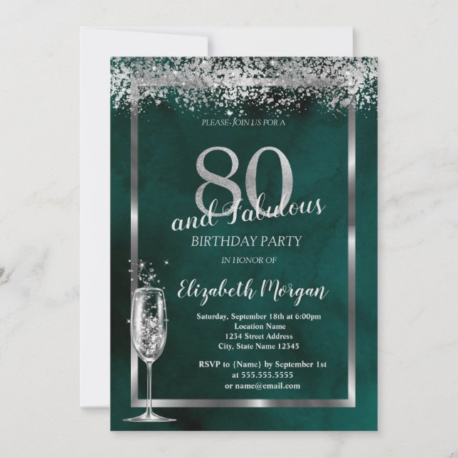 Champagneglas Silver Konfetti Grön 80-årsdag Inbjudningar (Framsida)