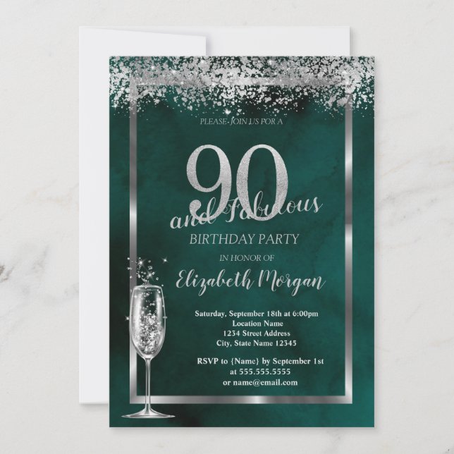 Champagneglas Silver Konfetti Grön 90-års  Inbjudningar (Framsida)